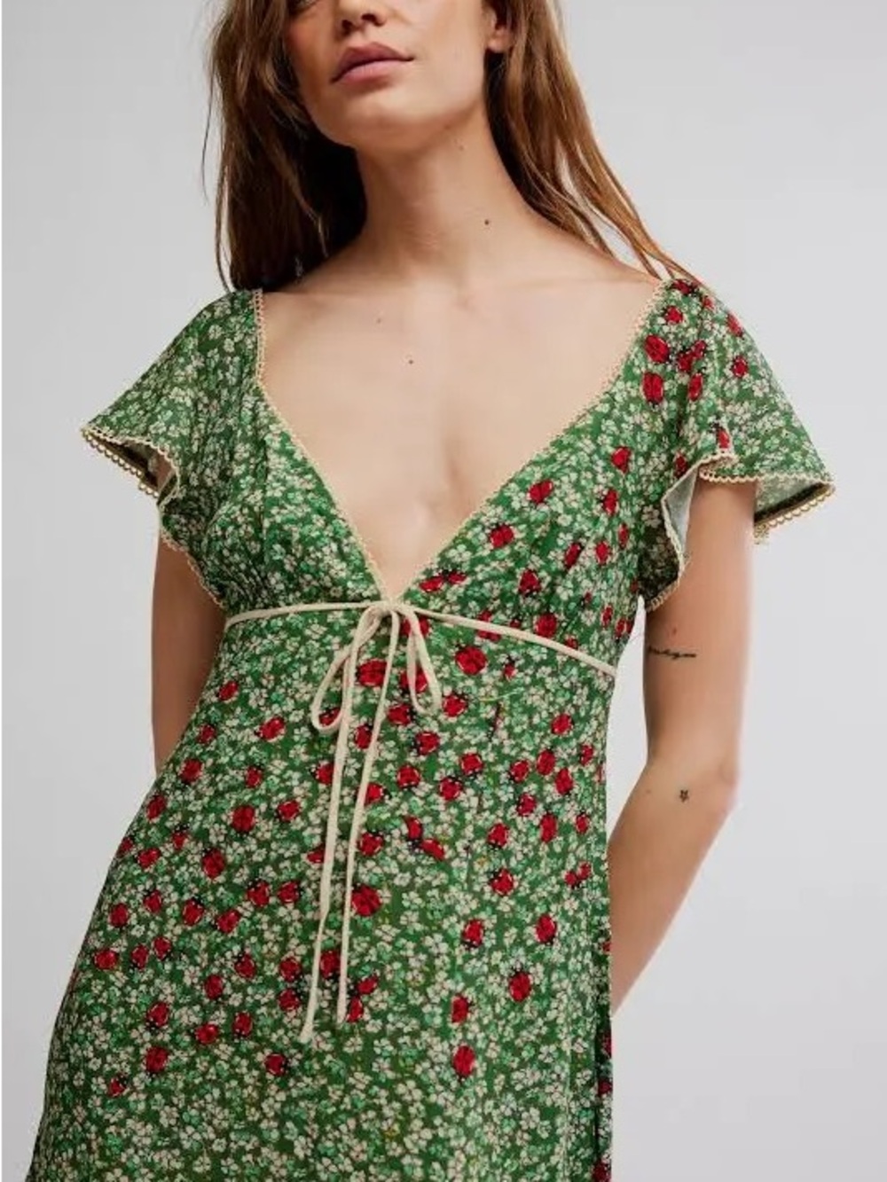 Free People Green Floral Tie-Waist V-Neck Dress with Red Accents